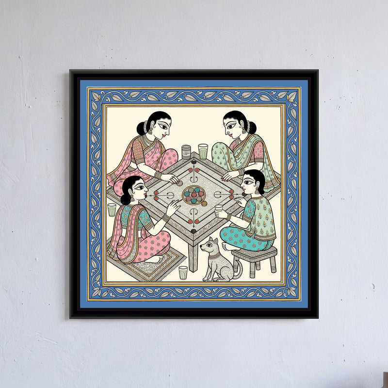 Chinoiserie Madhubani Painting – The Carrom Board - framed canvas print of four women friends playing carrom around a low table with a small dog beside them, Madhubani style in pink, mint and blue, hung on a wall