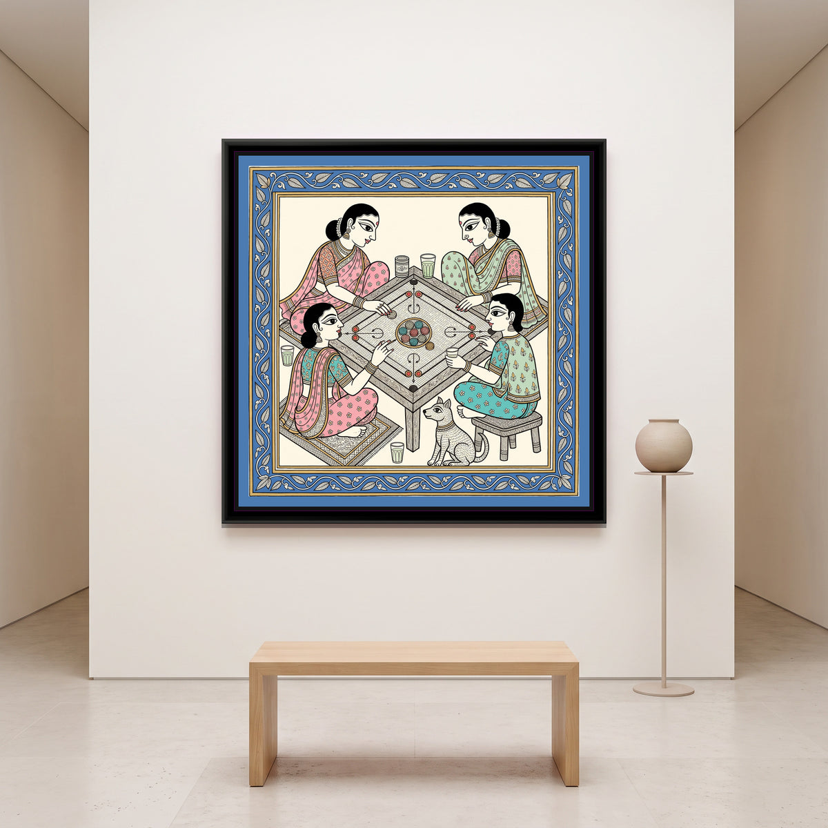 Chinoiserie Madhubani Painting – The Carrom Board - canvas print shown in a second room setting