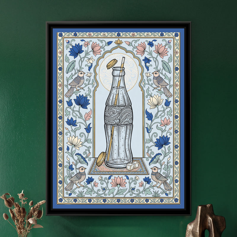Phad Painting – Cola Bottle Portrait - framed canvas print of a glass cola bottle with a straw in an arched alcove framed by lotus vines and birds, porcelain blue folk style, hung on a wall