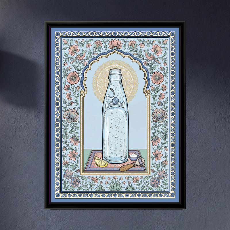 Phad Painting – Banta Portrait - framed canvas print of a marble-stoppered banta soda bottle with a lemon wedge and salt under a floral arch, sky blue and coral folk style, hung on a wall