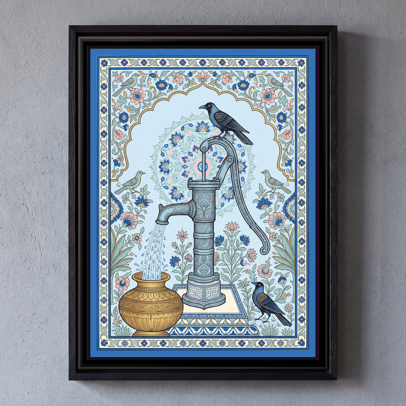 Phad Painting – Hand Pump Portrait - framed canvas print of an ornate hand pump pouring water into a brass pot with two crows, under a floral arch in sky blue and gold, hung on a wall