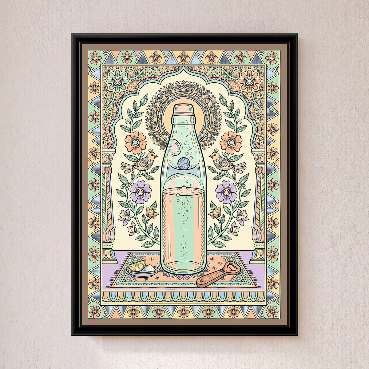 Traditional Pop – Banta Portrait - framed canvas print of a glass marble-neck banta soda bottle on a little rug with a lemon slice, salt and an opener, under a flowered arch with two birds, pastel folk style, hung on a wall