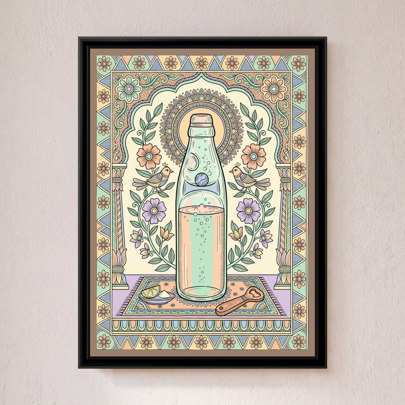 Traditional Pop – Banta Portrait - framed canvas print of a glass marble-neck banta soda bottle on a little rug with a lemon slice, salt and an opener, under a flowered arch with two birds, pastel folk style, hung on a wall