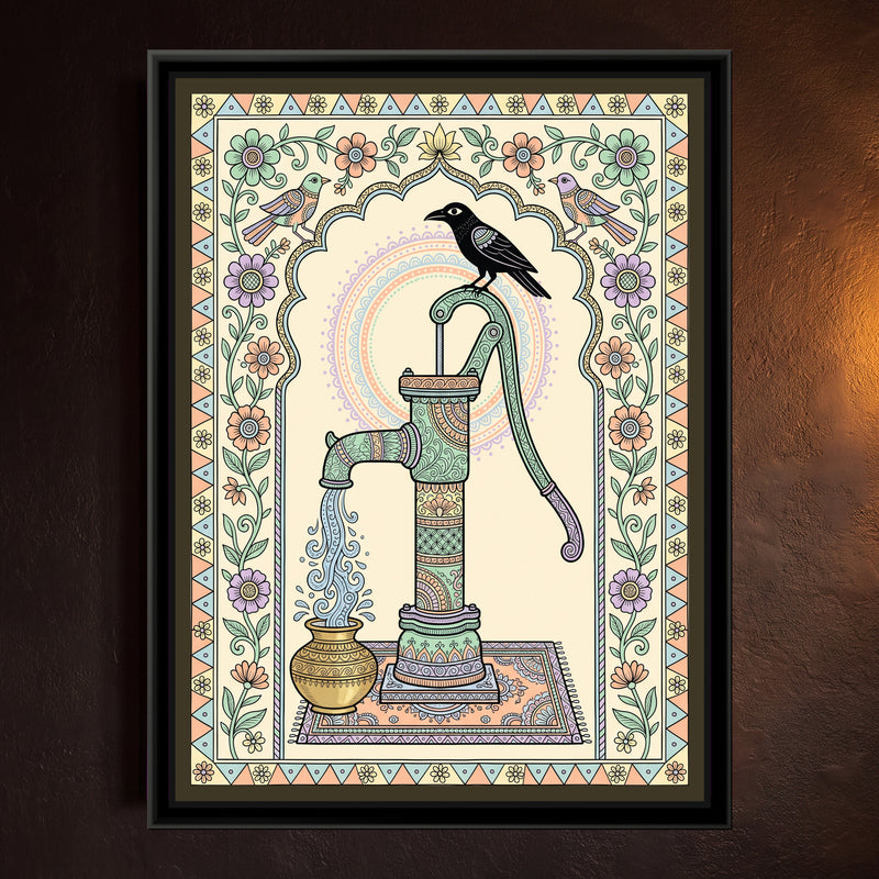 Traditional Pop – Hand Pump Portrait - framed canvas print of a decorated village hand pump with a black crow on its handle and water pouring into a brass pot, under a flowered arch, pastel folk style, hung on a wall