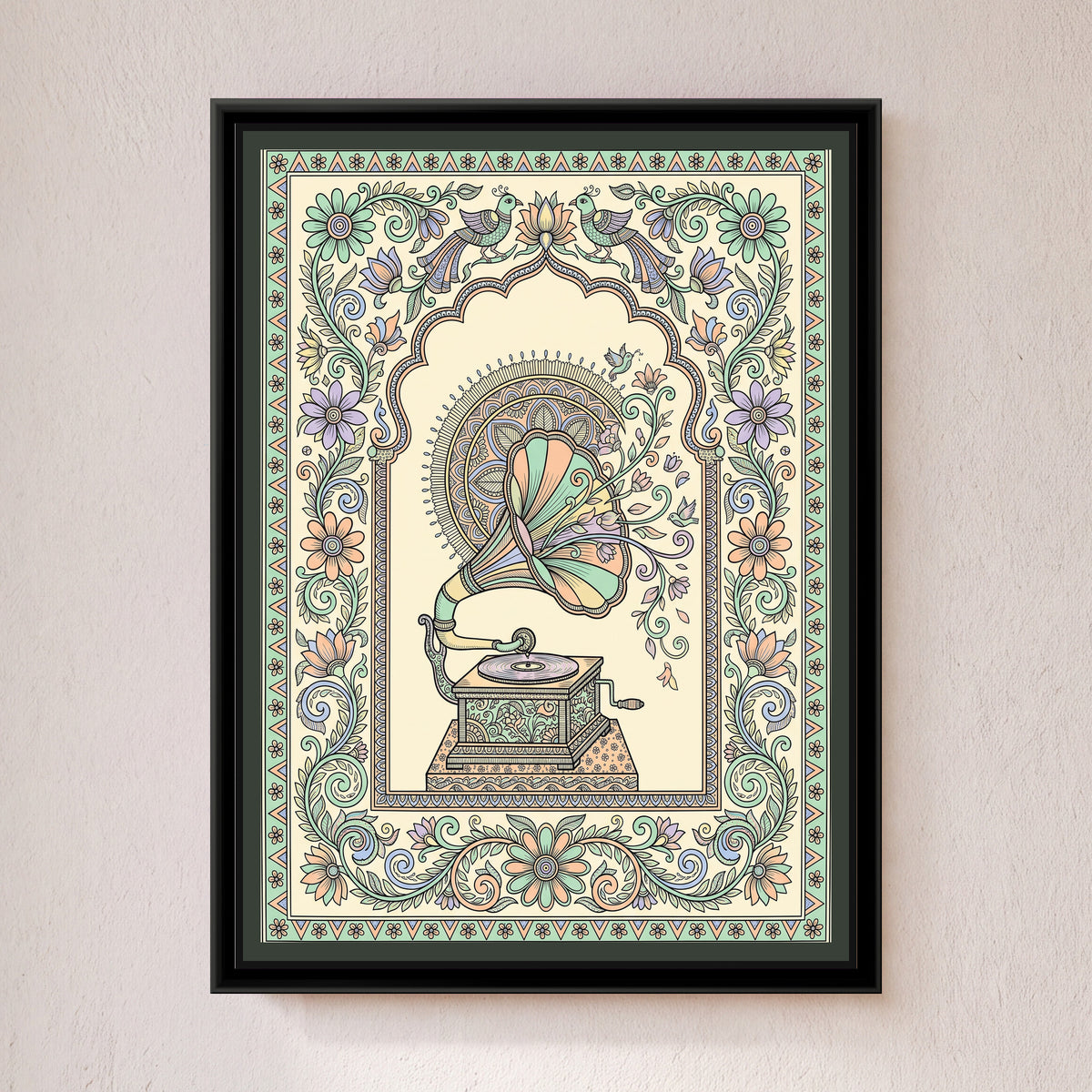Traditional Pop – Gramophone Portrait - framed canvas print of a vintage wind-up gramophone with a striped flower-shaped horn, vines and little birds spilling out, under a scalloped arch, pastel folk style, hung on a wall