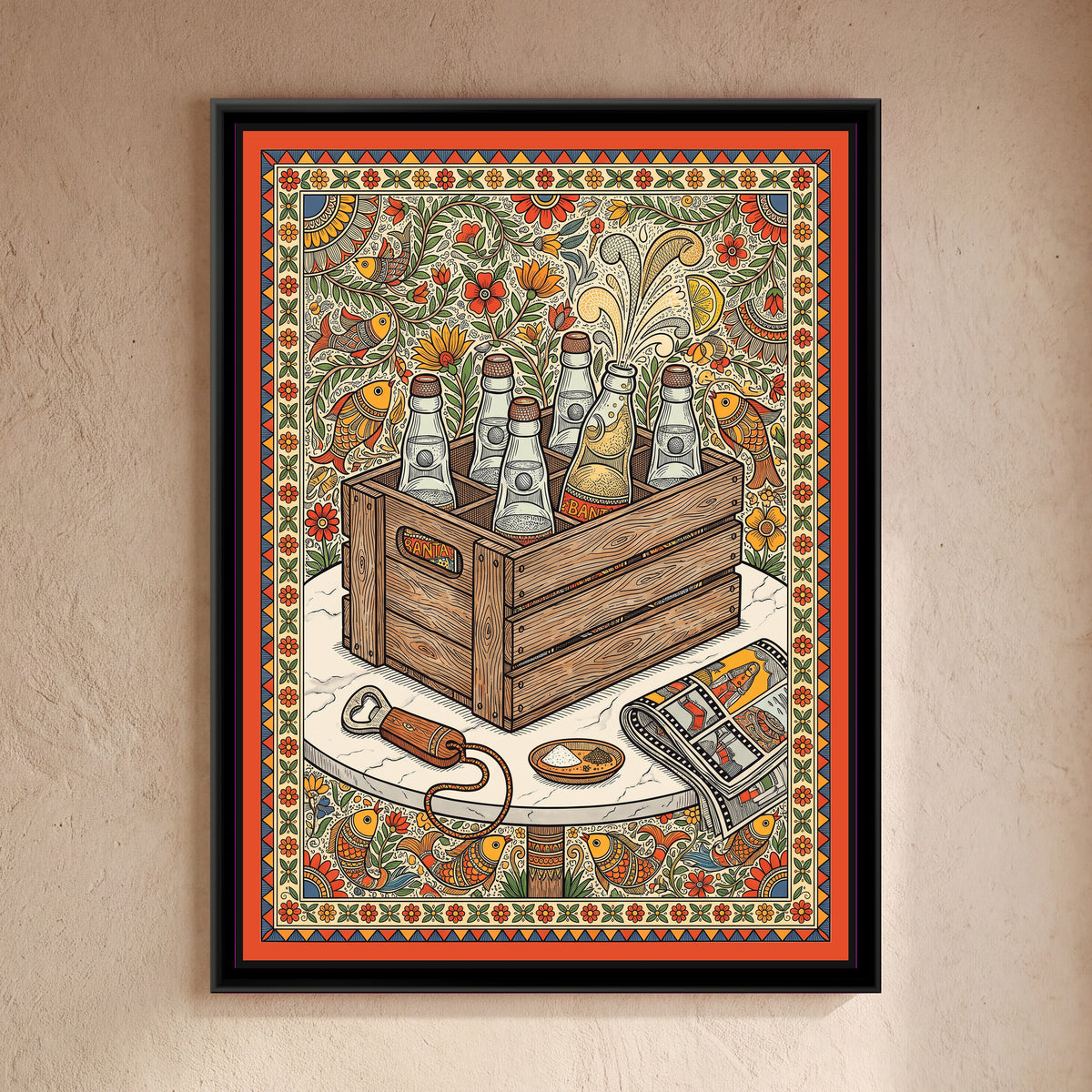 Traditional Pop Banta Bottles in a Wooden Crate Painting - framed canvas print of a wooden crate of six glass banta soda bottles with one fizzing over, a bottle opener, a dish of salt and a comic on a round marble table, folk style, hung on a wall