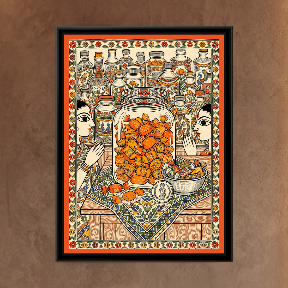 Traditional Pop The Orange Candy Jar Painting - framed canvas print of a big glass jar full of orange wrapped toffees on a wooden counter, a bowl of sweets and a coin, two faces peeking in from the sides, shelves of patterned jars behind, folk style, hung on a wall