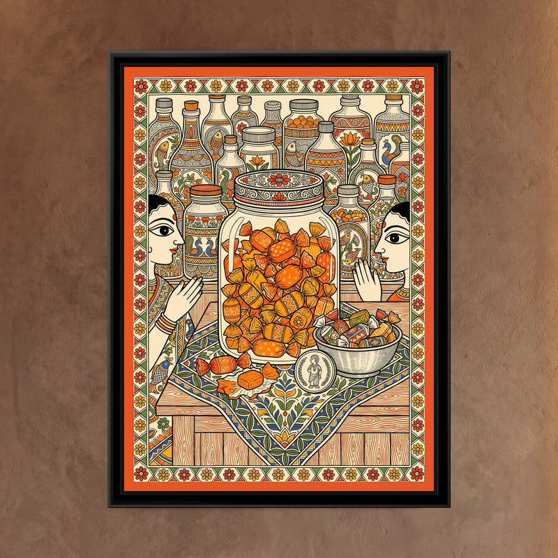 Traditional Pop The Orange Candy Jar Painting - framed canvas print of a big glass jar full of orange wrapped toffees on a wooden counter, a bowl of sweets and a coin, two faces peeking in from the sides, shelves of patterned jars behind, folk style, hung on a wall