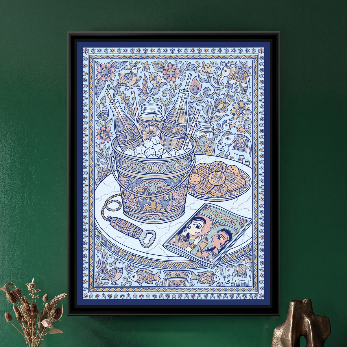 Traditional Pop Cola Bottles – Porcelain Blue Painting - framed canvas print of glass cola bottles with striped straws in a patterned ice bucket, a plate of biscuits, a bottle opener and a comic on a marble table, elephants and birds behind, porcelain blue folk style, hung on a wall