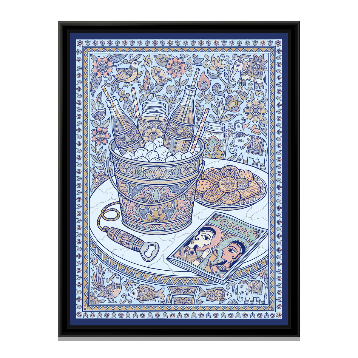 Traditional Pop Cola Bottles – Porcelain Blue Painting - framed canvas print, front view