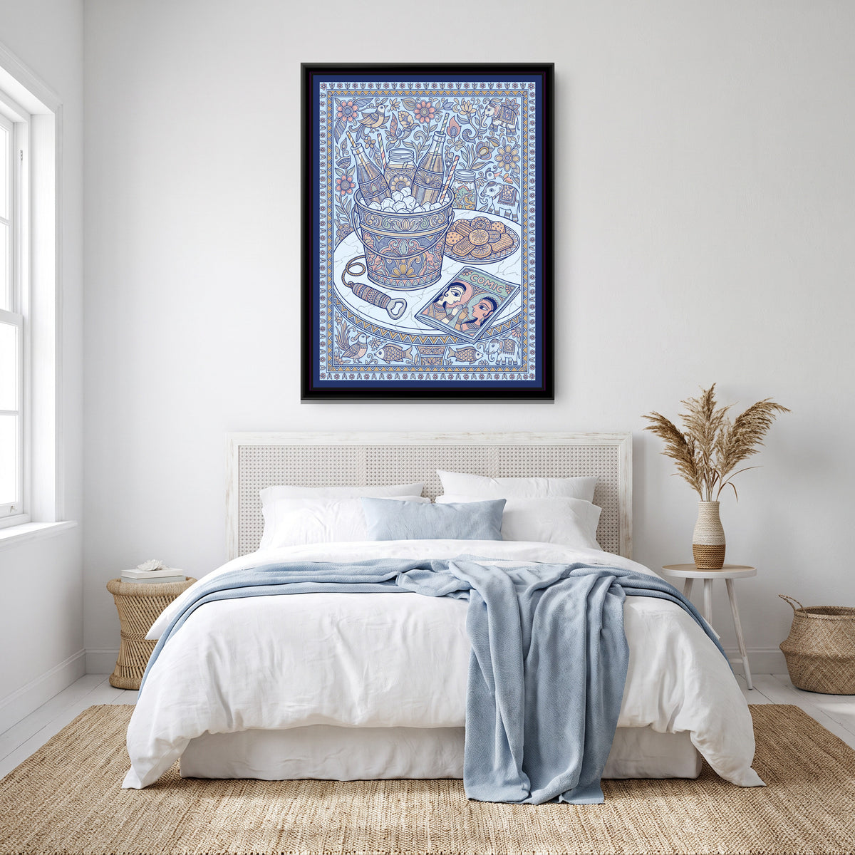 Traditional Pop Cola Bottles – Porcelain Blue Painting - canvas print shown in a second room setting