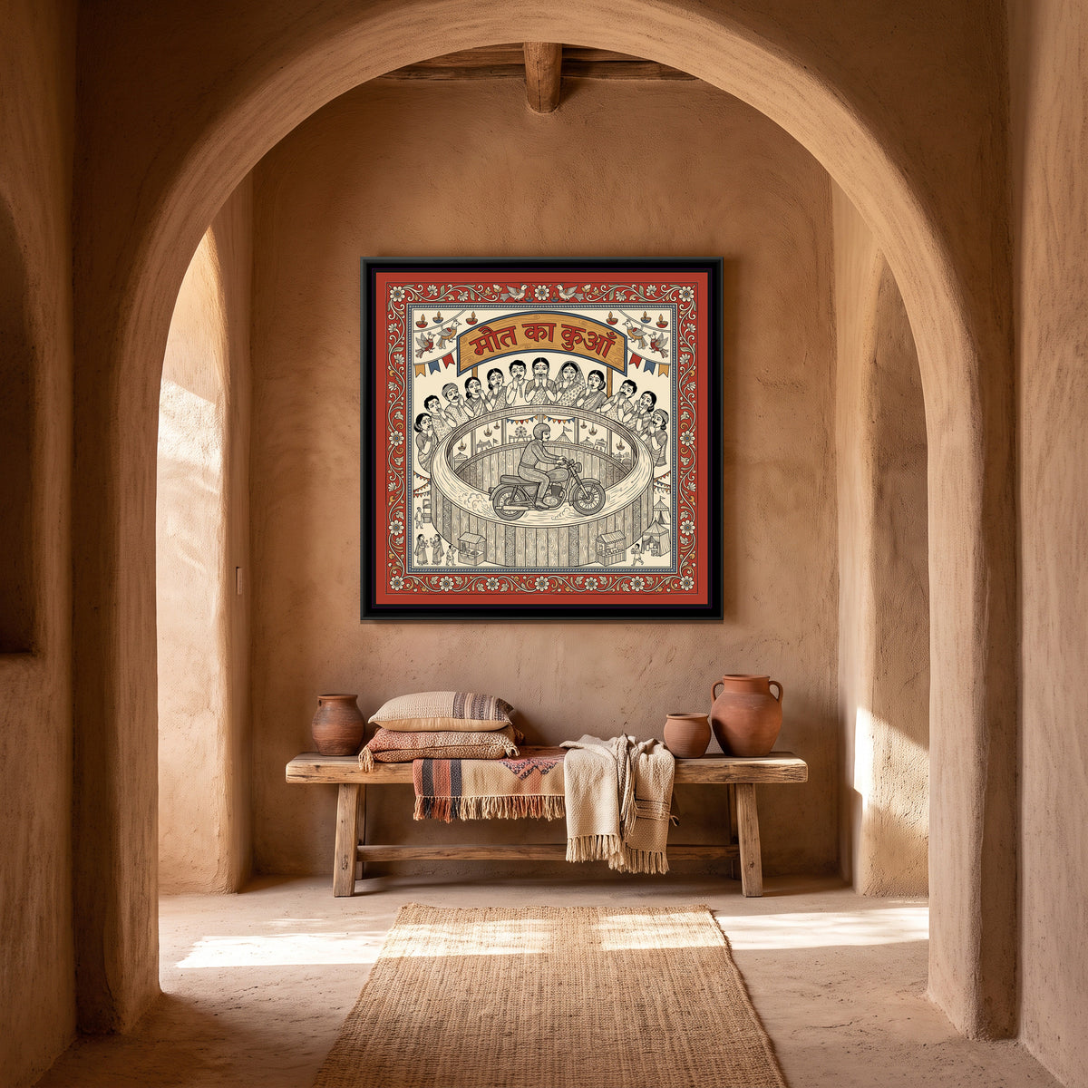 Kalamkari Painting – Maut Ka Kuan - canvas print shown in a second room setting