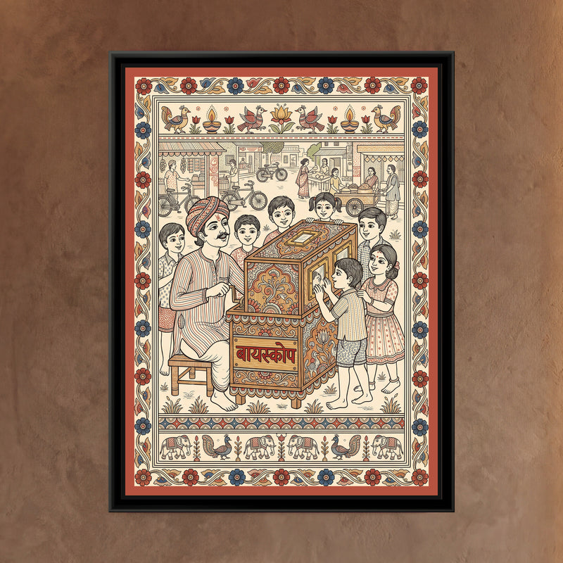 Kalamkari Painting – Bioscope Wala - framed canvas print of an old bioscope wala in a turban and striped kurta turning the crank of a painted wooden bioscope box, children crowding round and peeping in, a town street with cycles and carts behind, Kalamkari style, hung on a wall