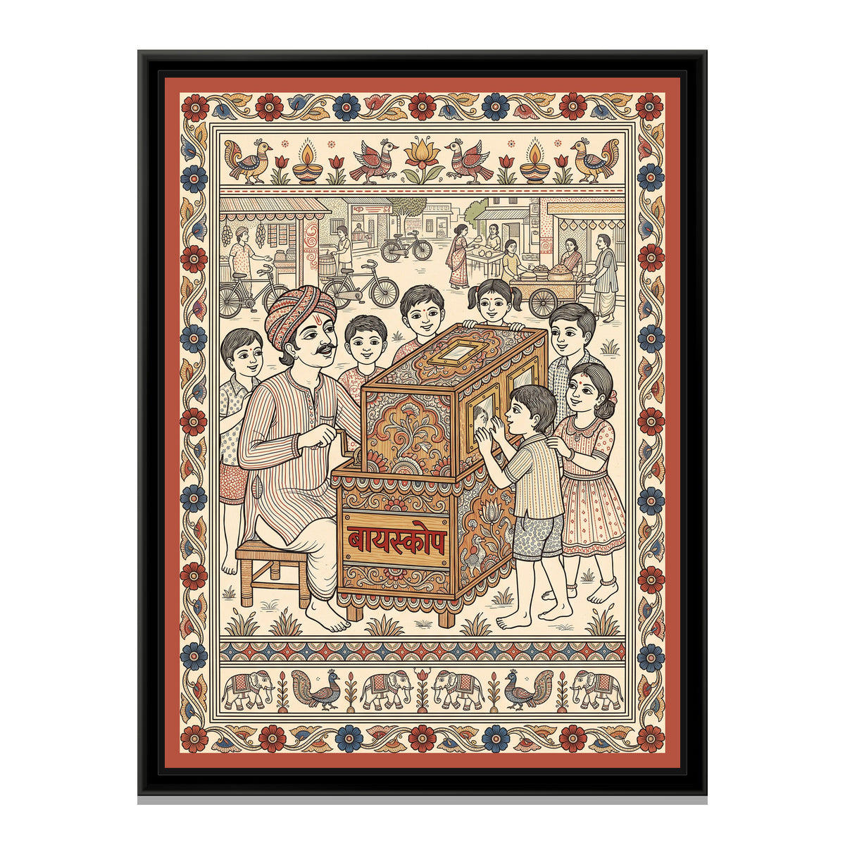 Kalamkari Painting – Bioscope Wala - framed canvas print, front view