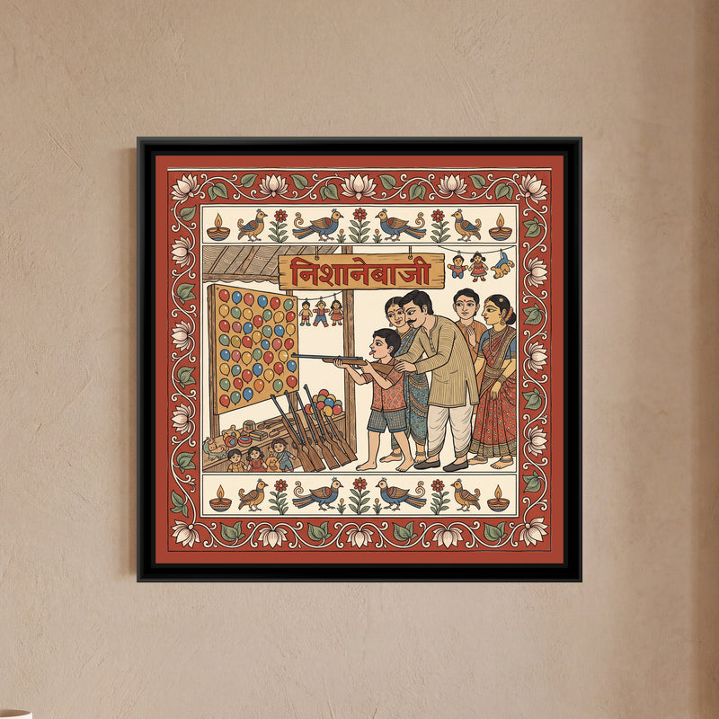 Kalamkari Painting – Balloon Shooting Stall - framed canvas print of a boy with his tongue out aiming a toy rifle at a board of balloons, his father guiding him and his family watching, a wooden stall with rifles and dolls, Kalamkari style in red and cream, hung on a wall