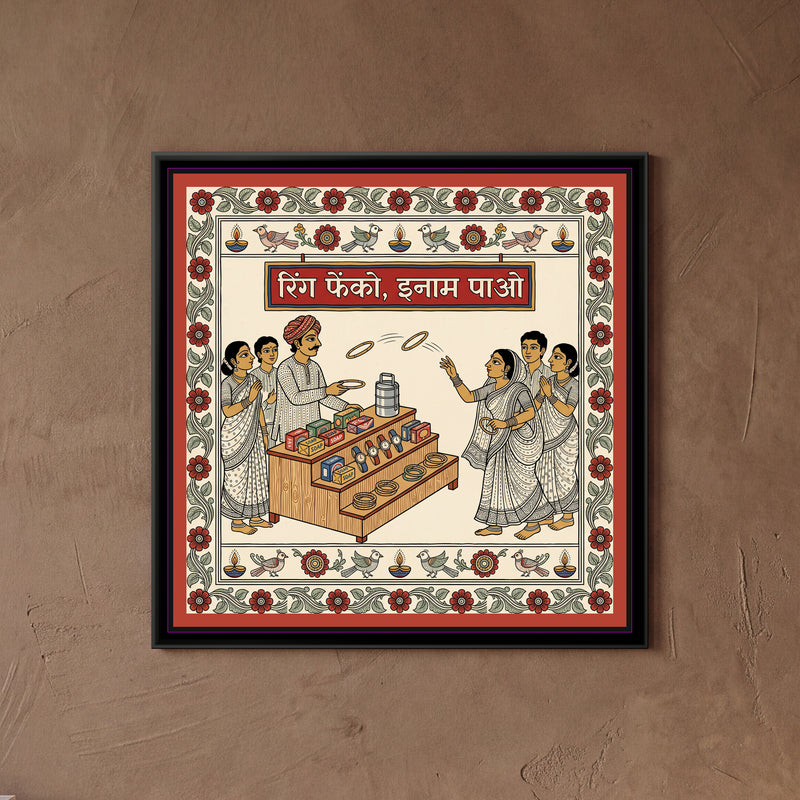 Kalamkari Painting – Ring Toss - framed canvas print of a woman tossing a ring at a mela stall of soap boxes, wristwatches, bangles and a steel tiffin, a turbaned stallholder and friends watching, Kalamkari style in red and cream, hung on a wall