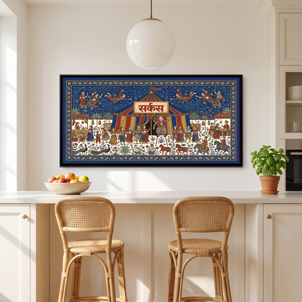 Phad Painting – Mela Circus - canvas print shown in a second room setting
