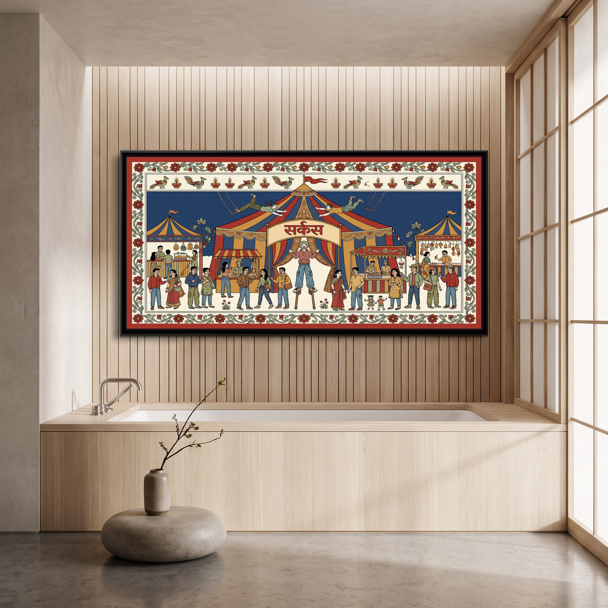 Kalamkari Painting – Mela Circus - canvas print shown in a styled room