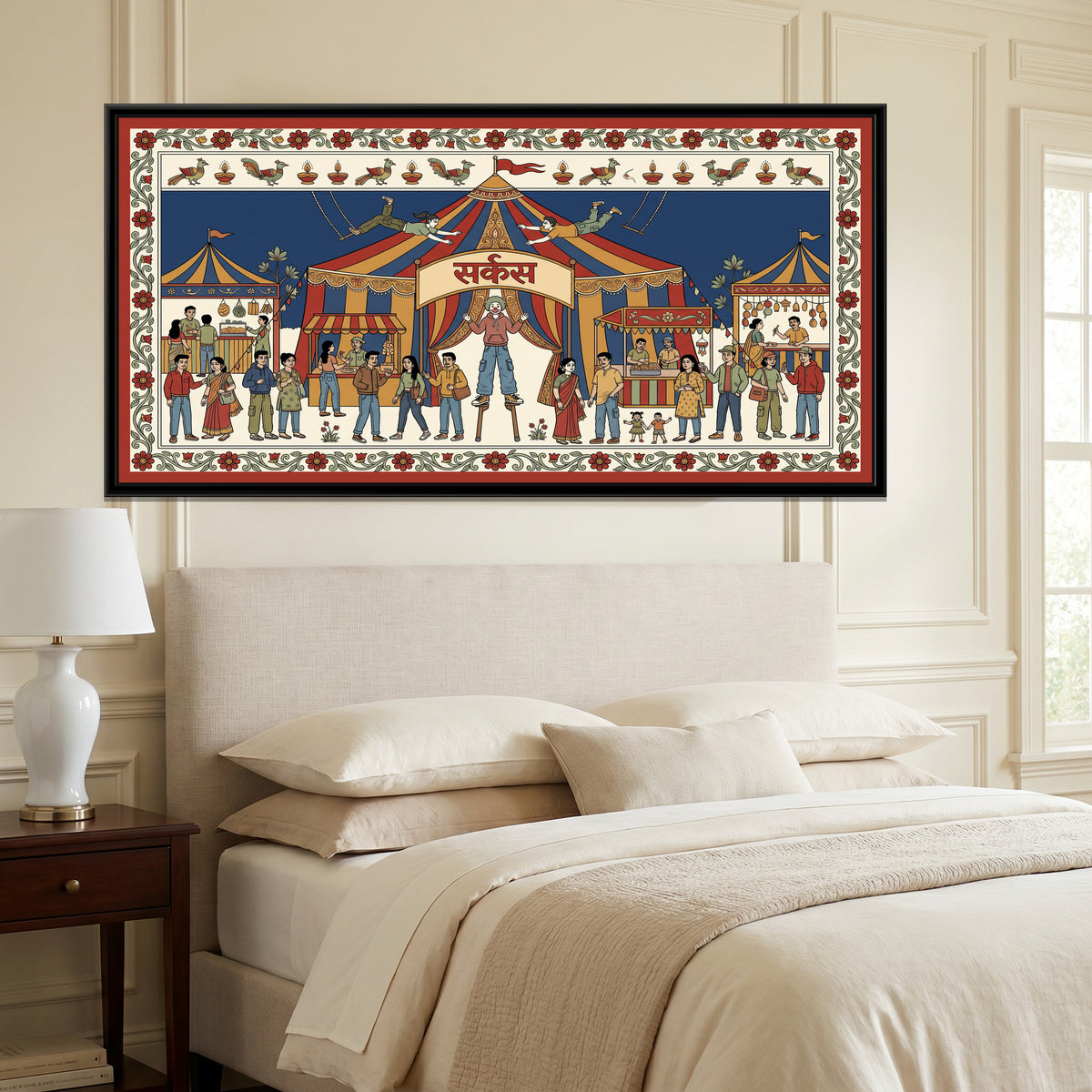 Kalamkari Painting – Mela Circus - canvas print shown in a second room setting