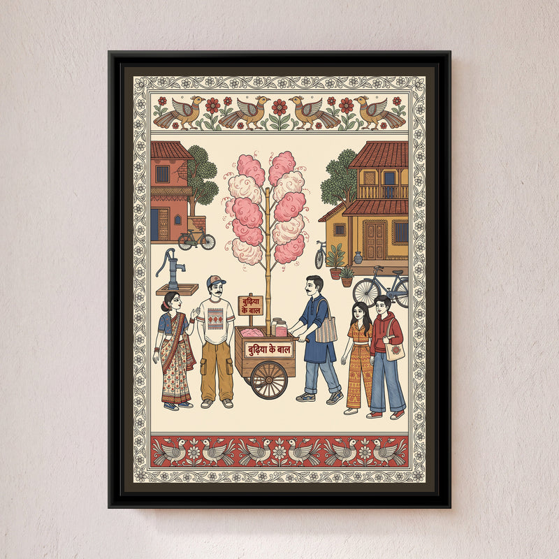 Kalamkari Painting – Candy Floss Seller - framed canvas print of a man pushing a wooden budhiya ke baal cart with a bamboo pole of pink candy floss through a village lane, friends in caps, hoodies and saris around it, Kalamkari style, hung on a wall