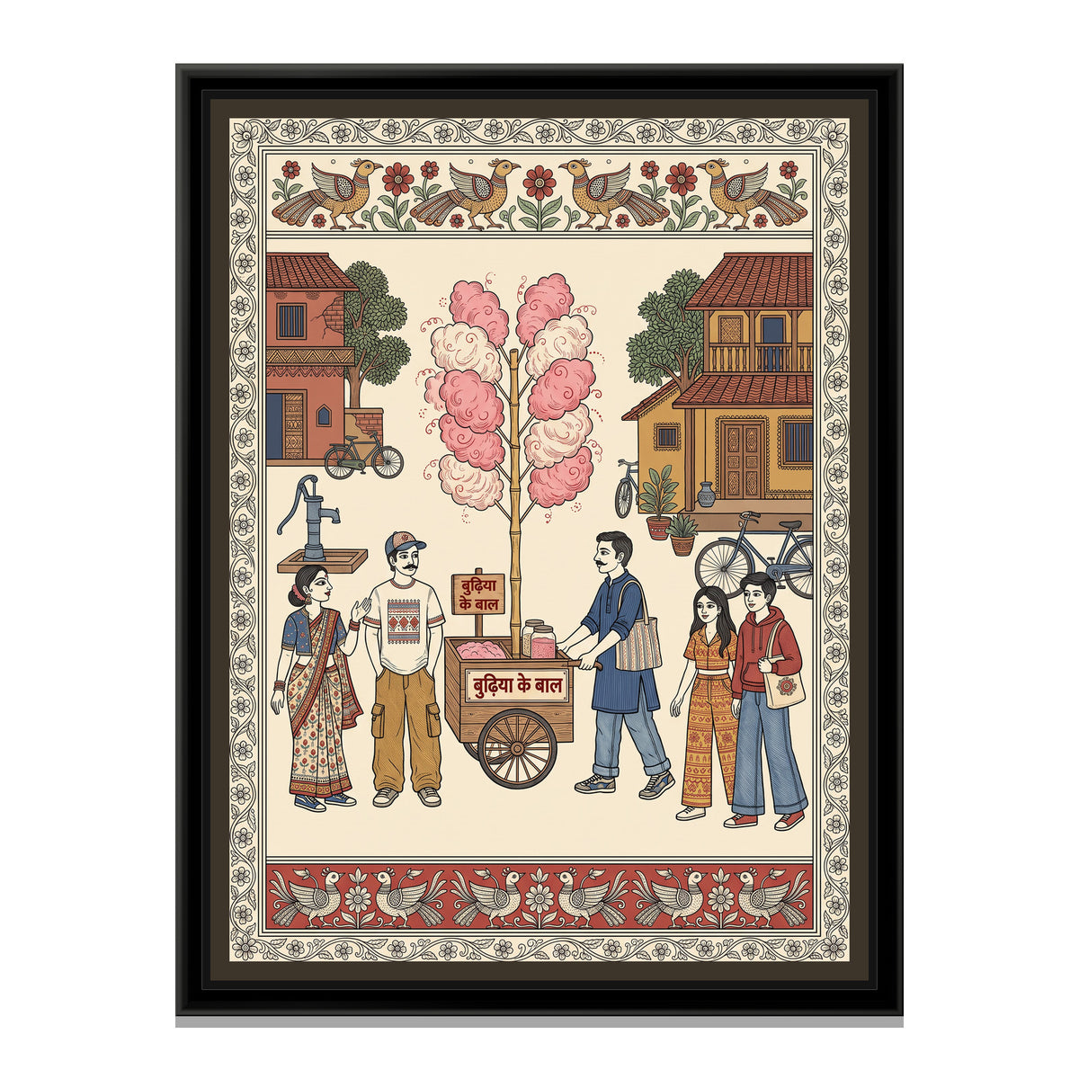 Kalamkari Painting – Candy Floss Seller - framed canvas print, front view