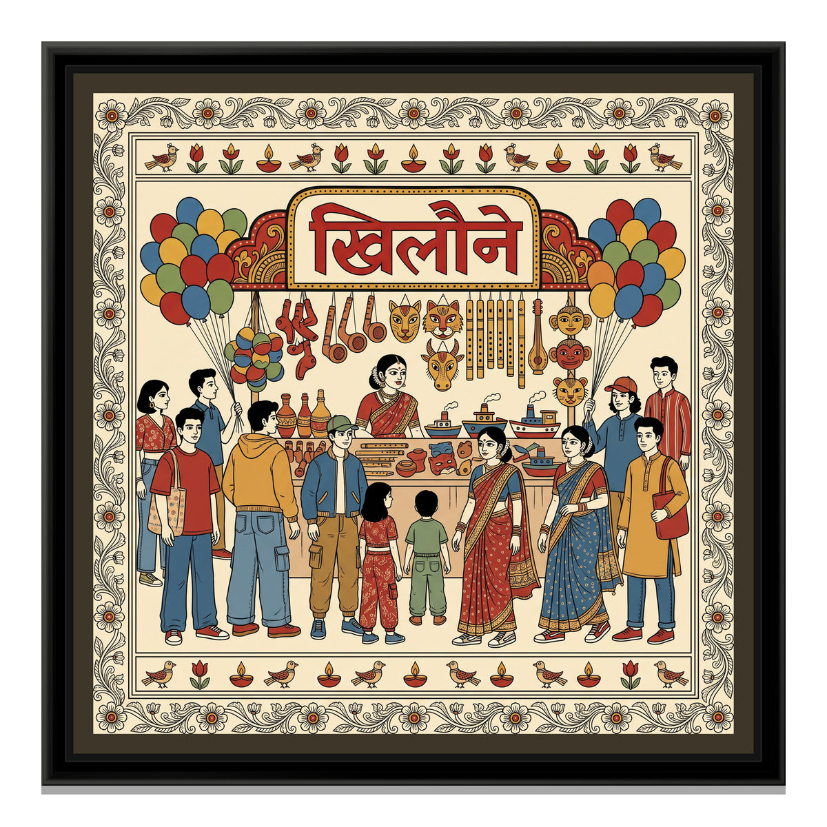 Kalamkari Painting – Toy Stall - framed canvas print, front view