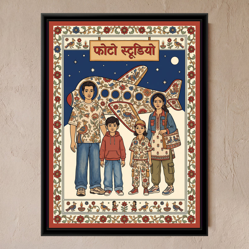 Kalamkari Painting – Mela Photo Cut-out - framed canvas print of a family of four standing straight-faced in front of a painted plywood aeroplane cut-out under a Hindi Photo Studio sign, night sky with stars and moon, Kalamkari style in red, indigo and cream, hung on a wall