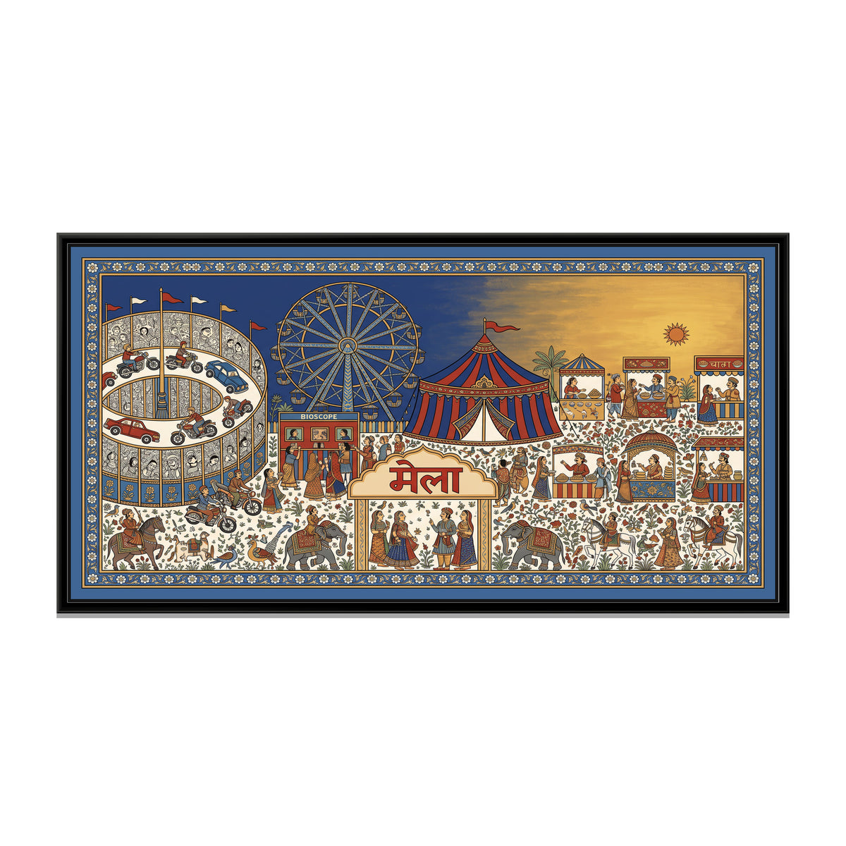 Phad Painting – Full Mela Panorama - framed canvas print, front view