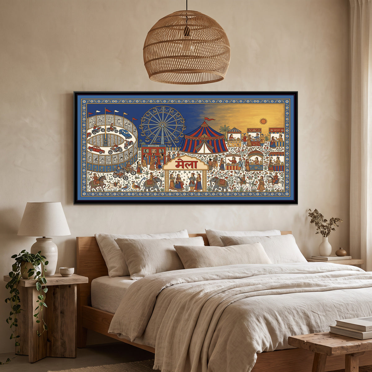 Phad Painting – Full Mela Panorama - canvas print shown in a second room setting