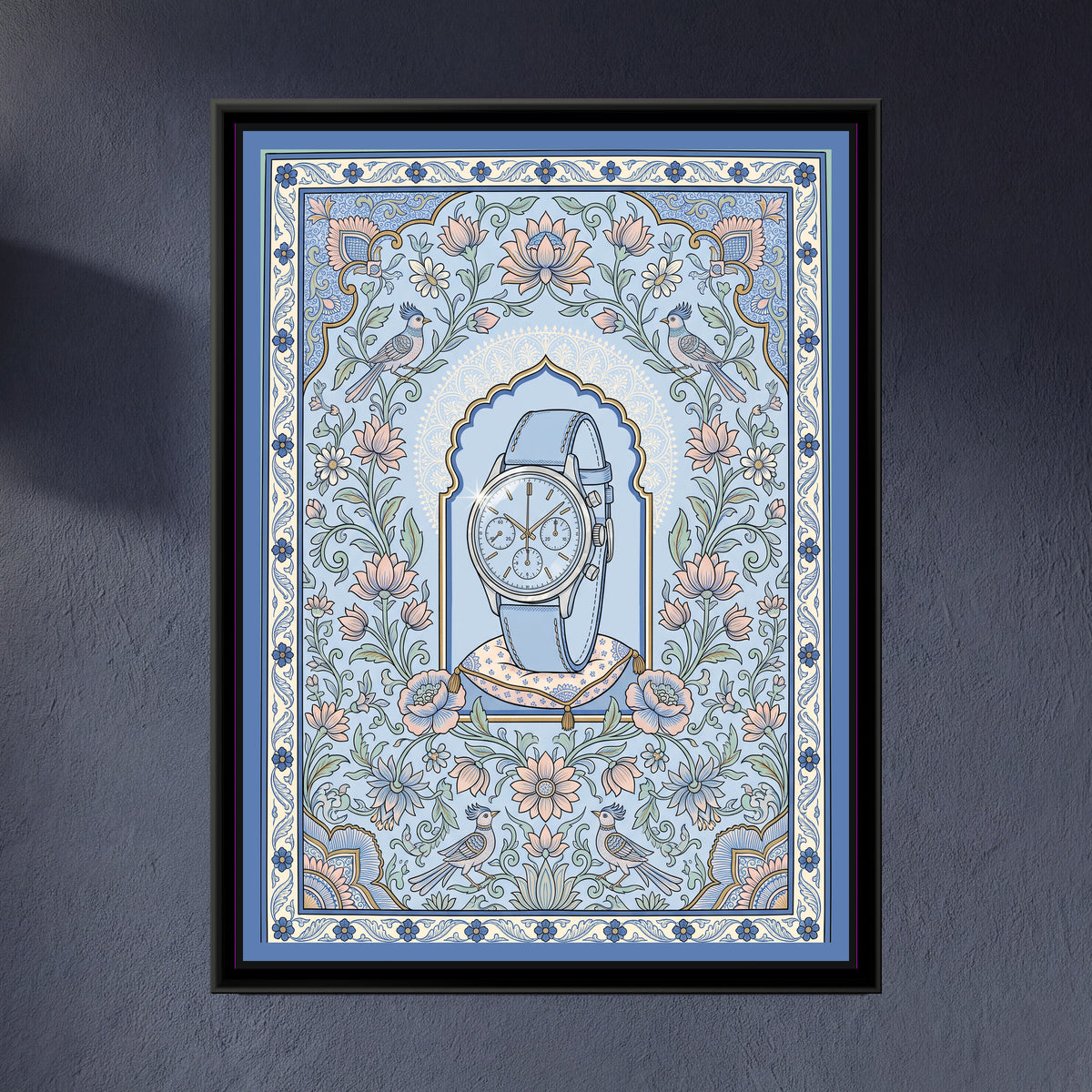 Phad Painting – Chronograph Portrait - framed canvas print of a vintage chronograph wristwatch with a pale blue strap standing on a small patterned cushion in an arched niche, surrounded by pink lotuses, flowering vines and crested birds on powder blue, hung on a wall
