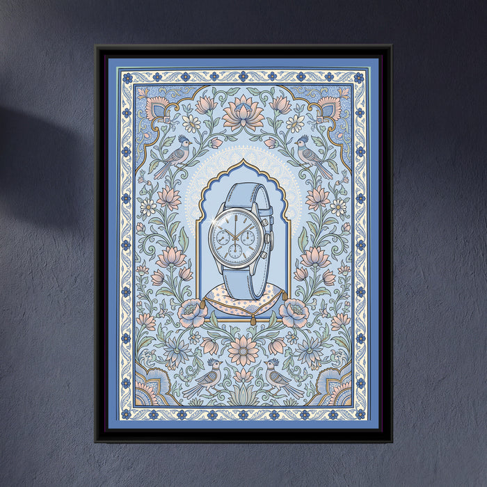 Phad Painting – Chronograph Portrait - framed canvas print of a vintage chronograph wristwatch with a pale blue strap standing on a small patterned cushion in an arched niche, surrounded by pink lotuses, flowering vines and crested birds on powder blue, hung on a wall