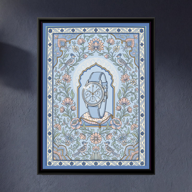 Phad Painting – Chronograph Portrait - framed canvas print of a vintage chronograph wristwatch with a pale blue strap standing on a small patterned cushion in an arched niche, surrounded by pink lotuses, flowering vines and crested birds on powder blue, hung on a wall