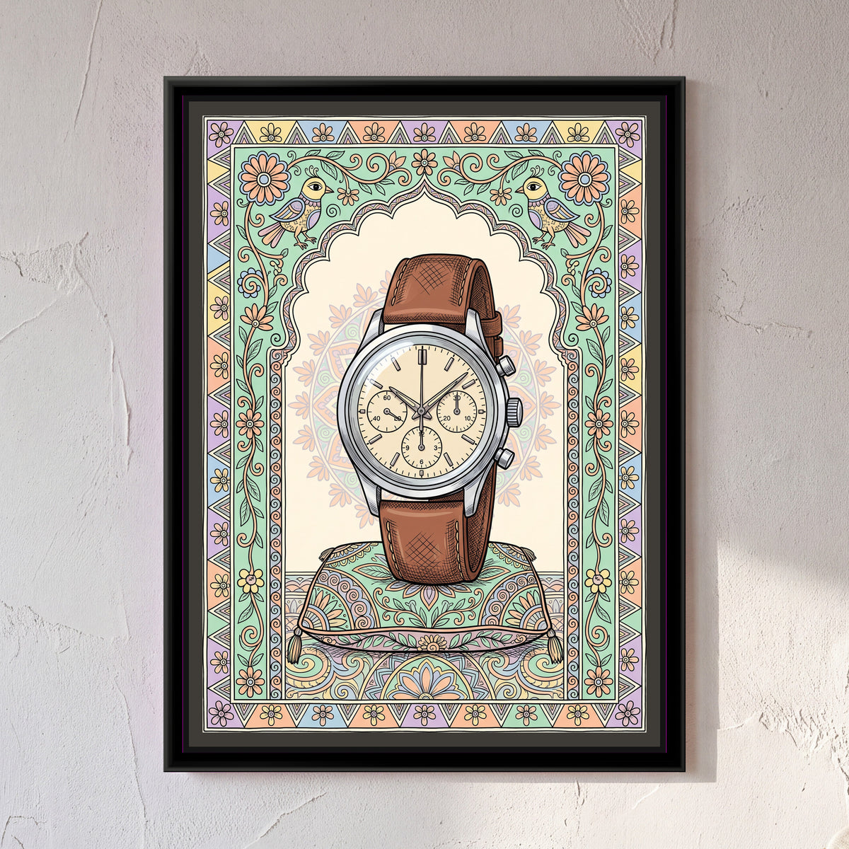 Traditional Pop – Chronograph Portrait - framed canvas print of a vintage steel chronograph wristwatch with a tan leather strap standing on a patterned cushion under a scalloped arch, pastel mint, peach and lilac folk border with birds and flowers, hung on a wall