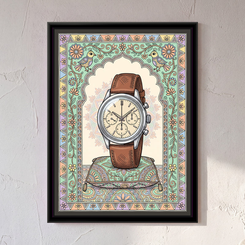 Traditional Pop – Chronograph Portrait - framed canvas print of a vintage steel chronograph wristwatch with a tan leather strap standing on a patterned cushion under a scalloped arch, pastel mint, peach and lilac folk border with birds and flowers, hung on a wall
