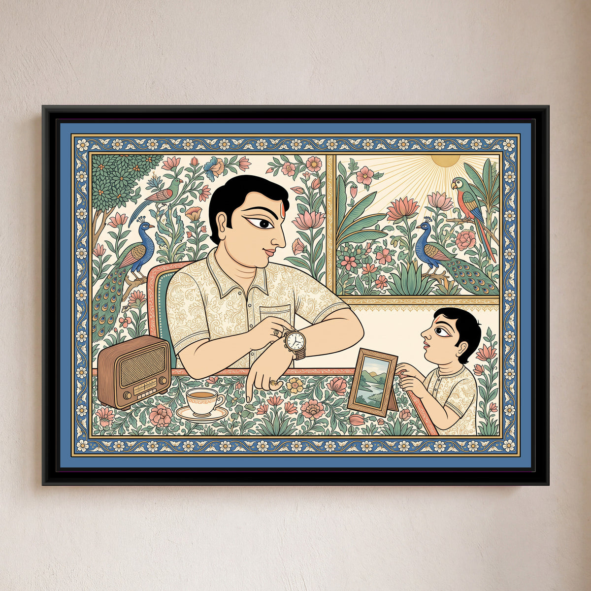 Phad Painting – Father's Chronograph - framed canvas print of a father in a patterned cream shirt fastening a steel wristwatch at a flowered desk while his small son looks up at him, a wooden valve radio, a cup of tea and a framed landscape photo, peacocks, parrots and blossoms behind, blue floral border, hung on a wall