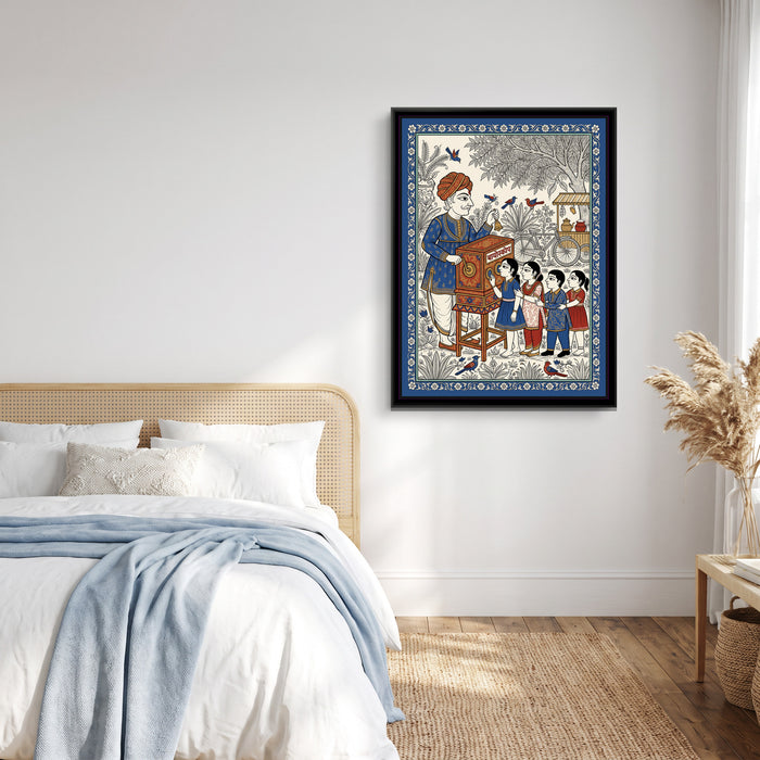 Phad Painting – Bioscope Wala - canvas print shown in a styled room