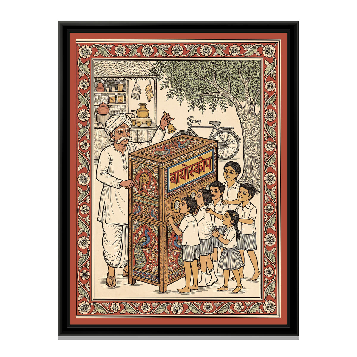 Kalamkari Painting – Bioscope Wala - framed canvas print, front view