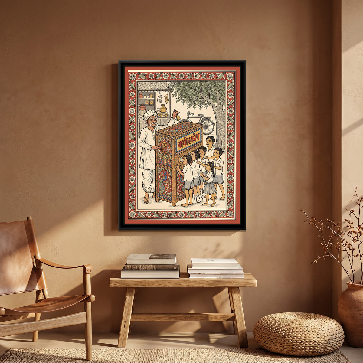 Kalamkari Painting – Bioscope Wala - canvas print shown in a styled room