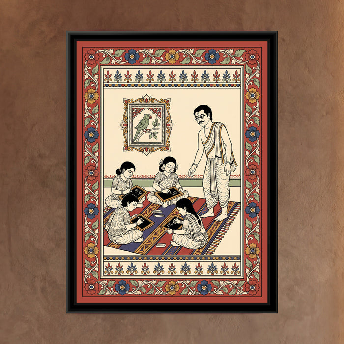 Kalamkari Painting – Slate and Chalk - framed canvas print of four small children sitting cross-legged on a striped red and blue mat writing on wooden-framed slates with chalk, a teacher with spectacles and a moustache in a white dhoti and shawl standing over them, a framed parrot picture on the wall, red floral border, hung on a wall