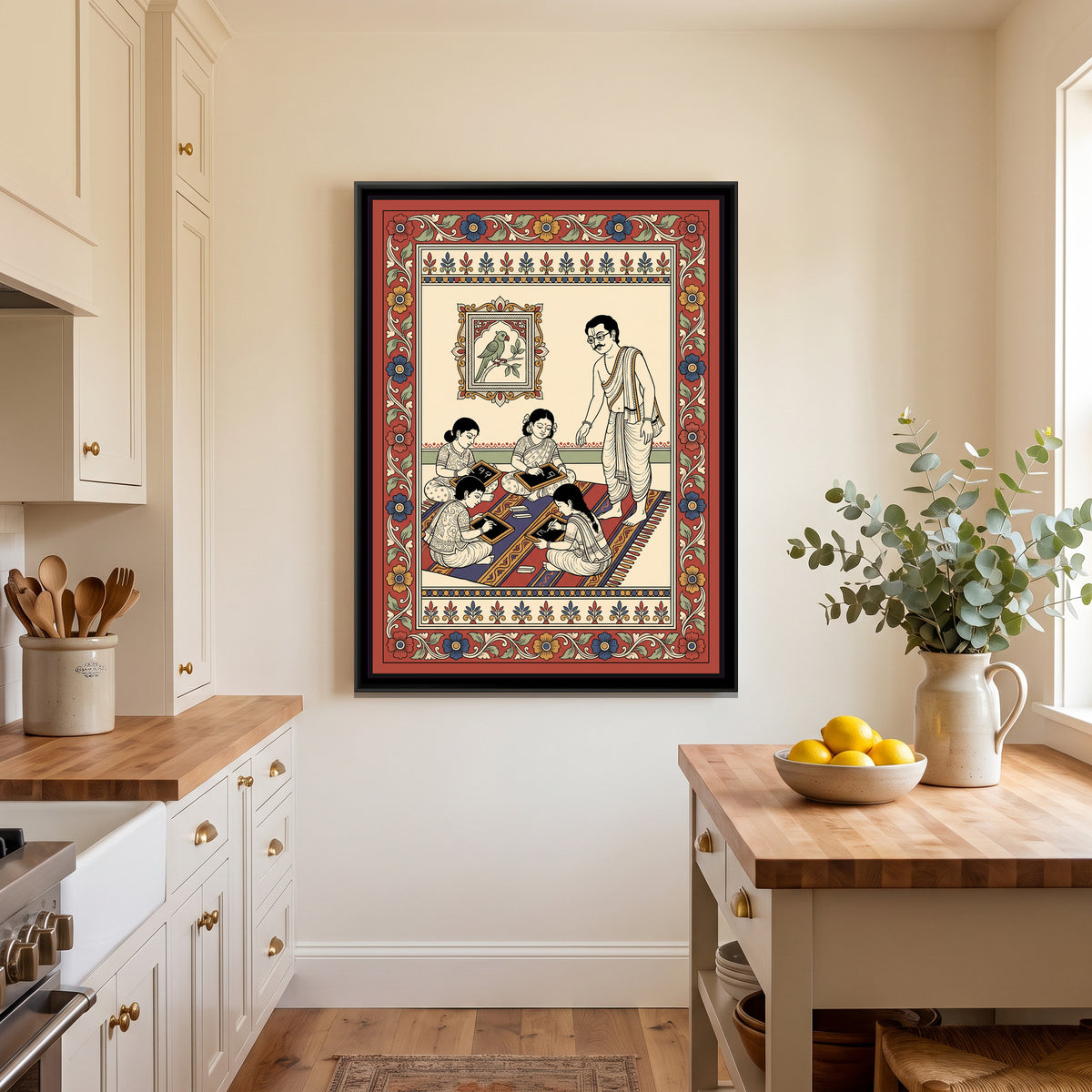 Kalamkari Painting – Slate and Chalk - canvas print shown in a second room setting