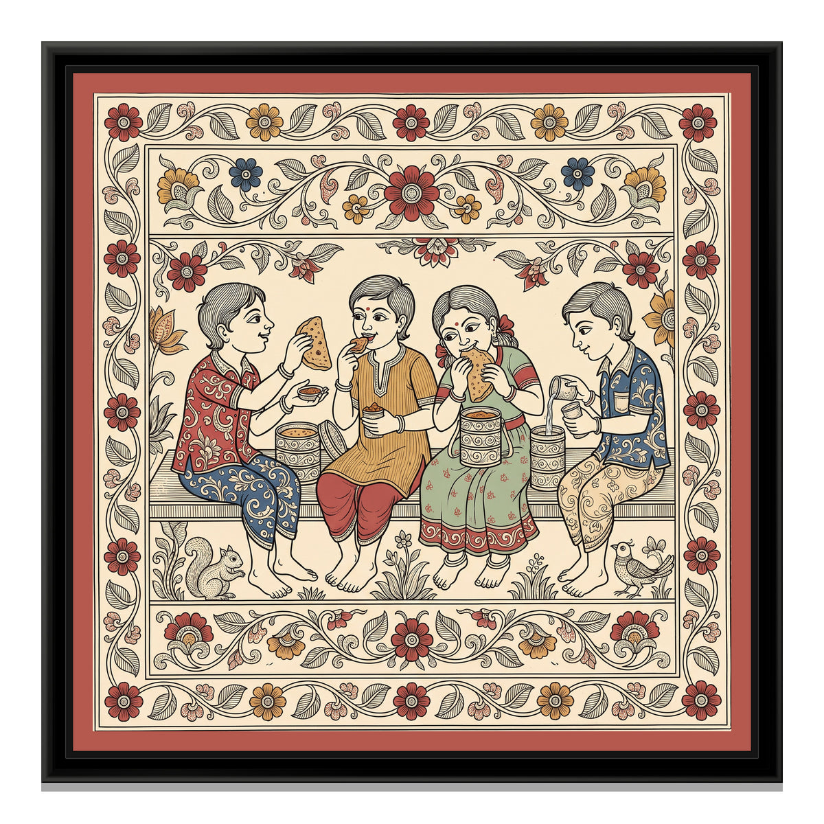 Kalamkari Painting – Sharing Tiffins - framed canvas print, front view