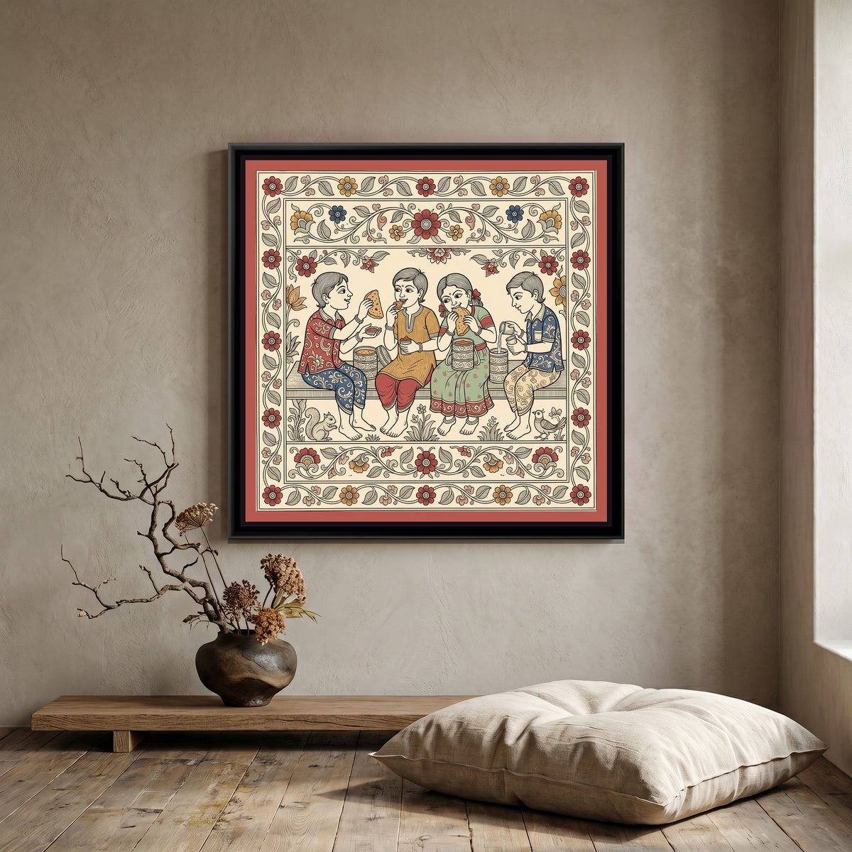 Kalamkari Painting – Sharing Tiffins - canvas print shown in a styled room