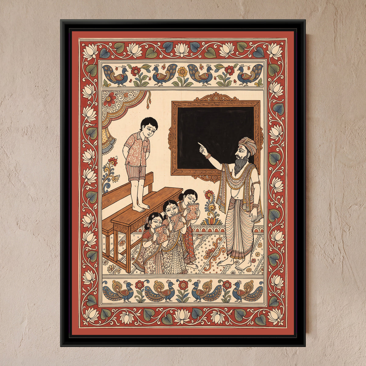 Kalamkari Painting – Standing on the Bench - framed canvas print of a sheepish boy in a patterned shirt and shorts standing on a wooden classroom bench with his hands behind his back, a turbaned bearded teacher pointing at an empty blackboard, three girls giggling behind their books, peacock friezes and a red lotus border, hung on a wall