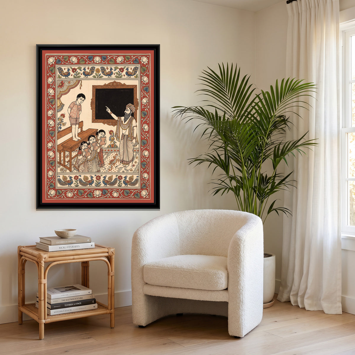 Kalamkari Painting – Standing on the Bench - canvas print shown in a second room setting