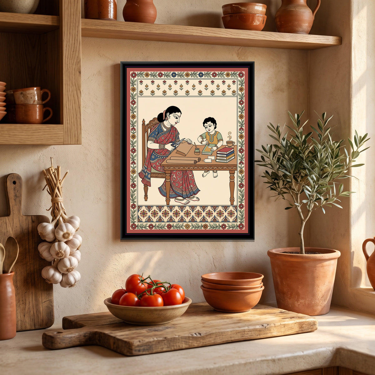 Kalamkari Painting – Covering New Books - canvas print shown in a styled room