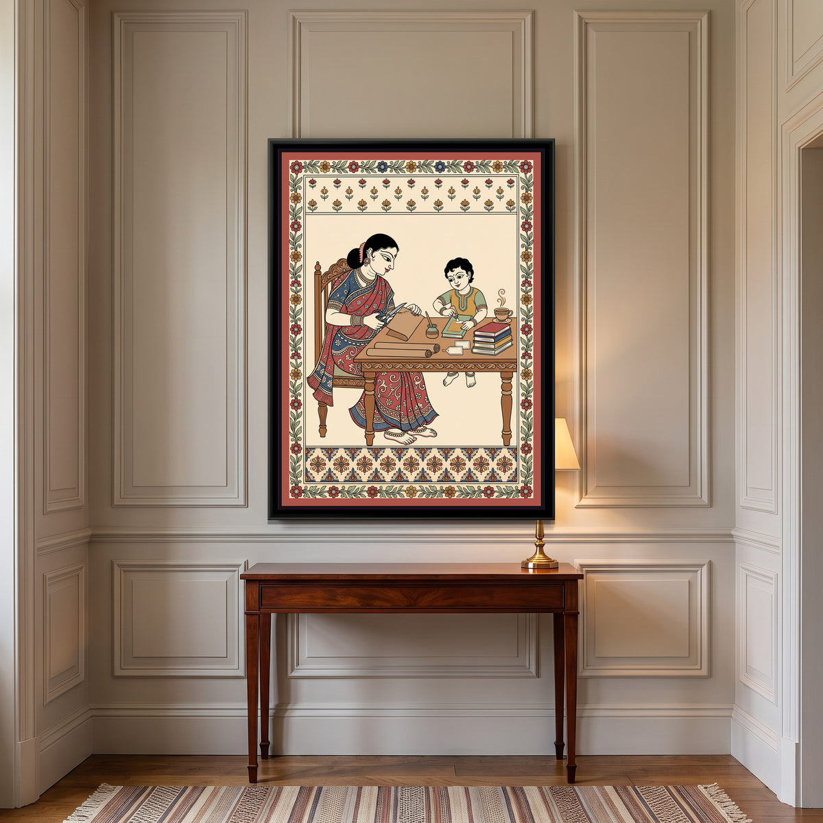 Kalamkari Painting – Covering New Books - canvas print shown in a second room setting