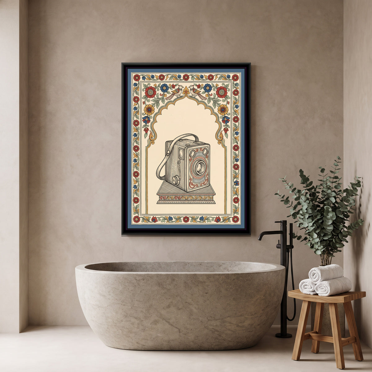 Kalamkari Painting – The Box Camera Portrait - canvas print shown in a styled room