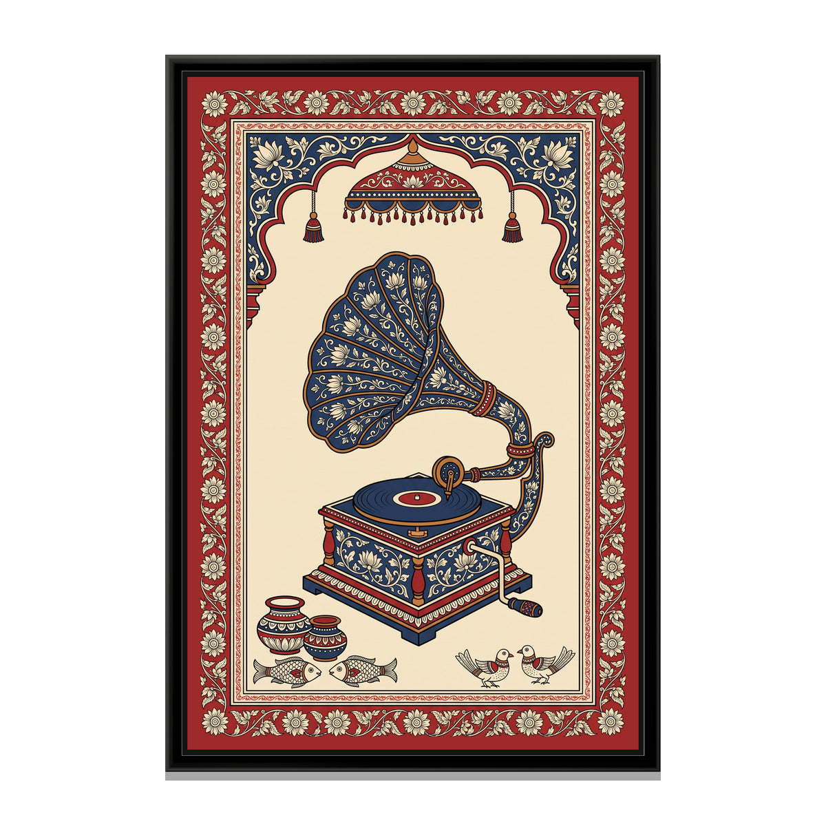 Kalamkari Painting – Gramophone - framed canvas print, front view