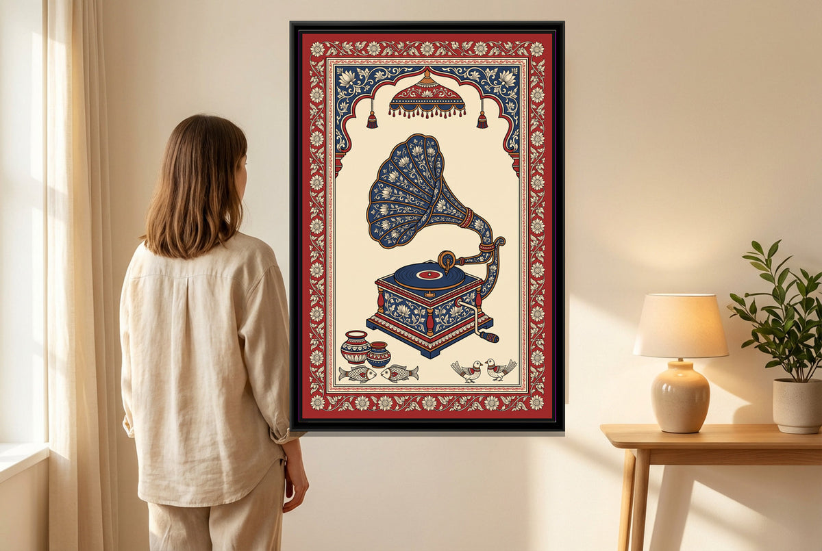 Kalamkari Painting – Gramophone - canvas print shown in a styled room