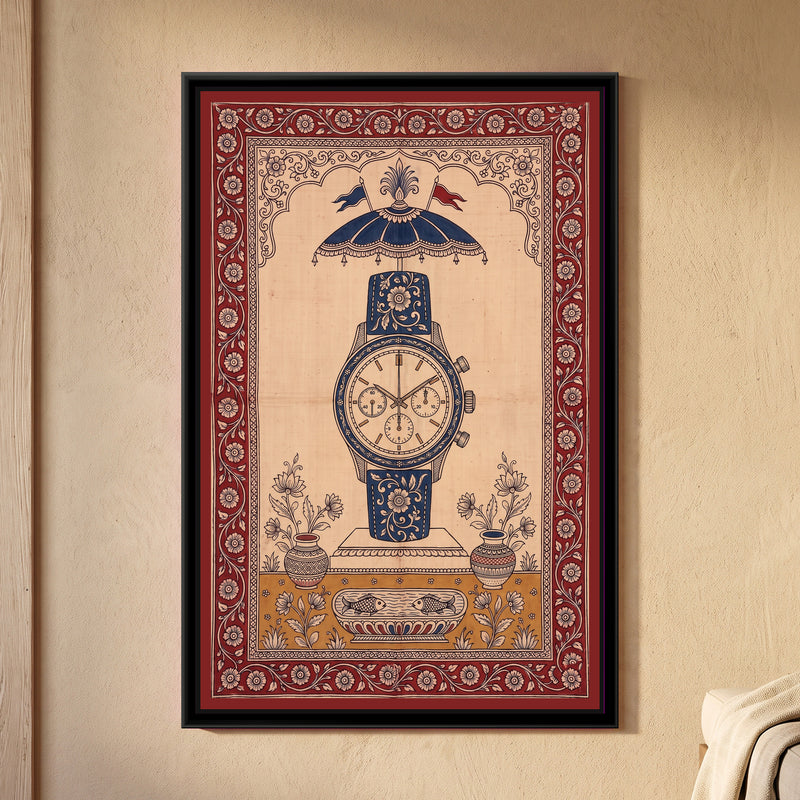 Kalamkari Painting – Chronograph Wristwatch - framed canvas print of a vintage chronograph wristwatch standing upright on a plinth, its indigo strap and bezel covered in cream flowers, a flagged parasol canopy above inside a scalloped arch, two flower pots and a pond with two fish on an ochre ground below, deep red floral border, hung on a wall